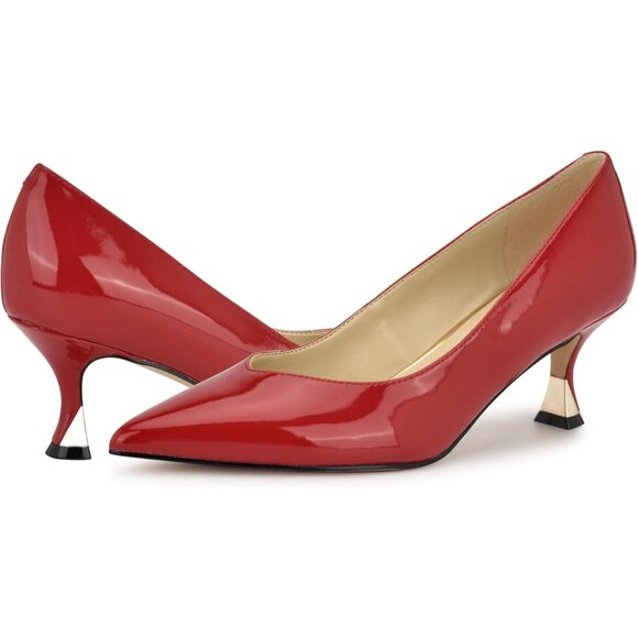 Nine West Womens Red Patent Leather Closed Pointed Toe Kitten Heels Pumps Shoes - Picture 2 of 6